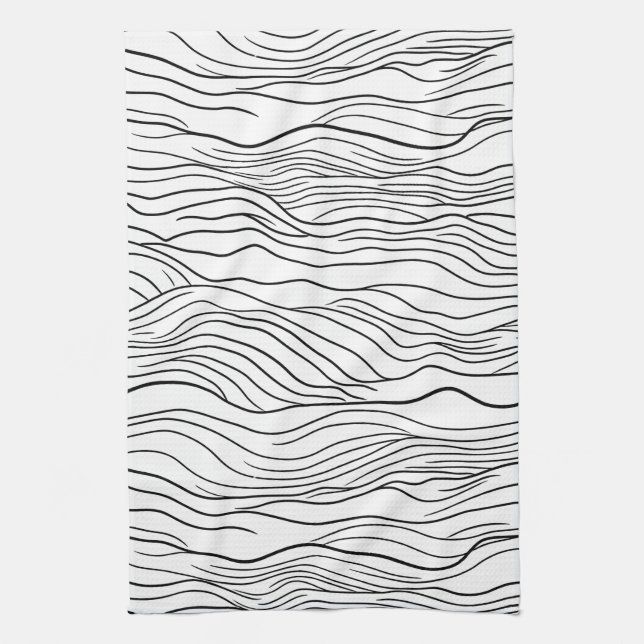 Black and White Hand-Drawn Wavy Line Pattern Tea Towel (Vertical)