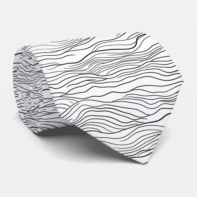 Black and White Hand-Drawn Wavy Line Pattern Tie (Rolled)