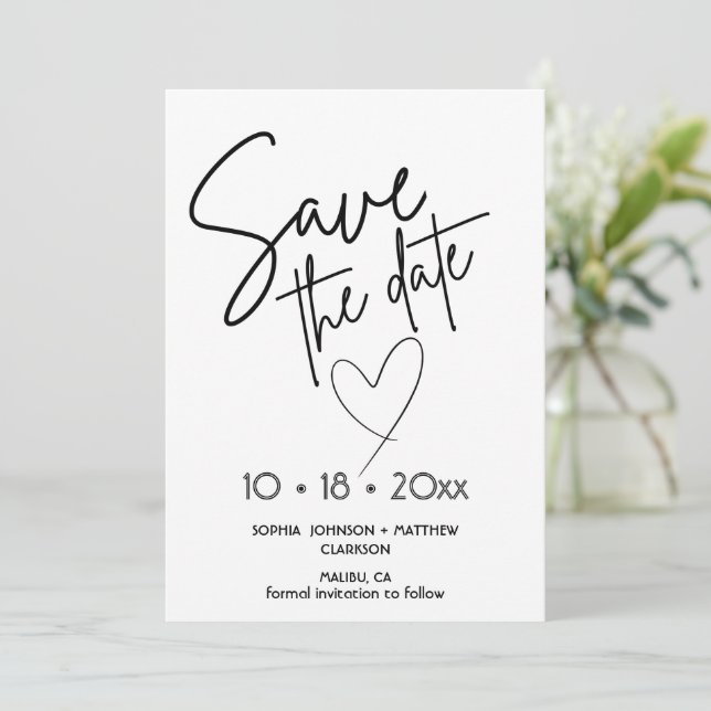 Black and White Hand Drawn Wedding Save The Date  (Standing Front)