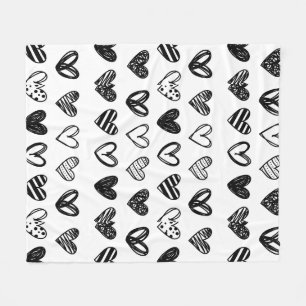 Black And White Handdrawn Hearts Love Fleece Blanket