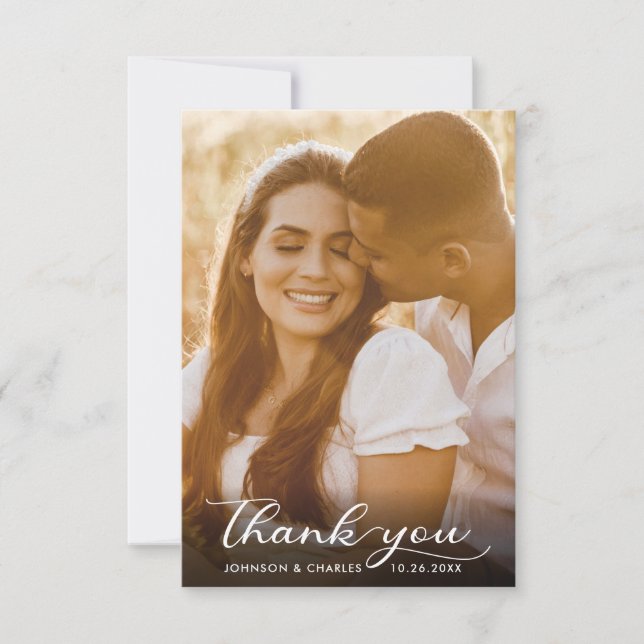 Black And White Handwritten Script Wedding Photo Thank You Card (Front)
