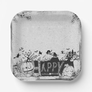 Black and White Happy Halloween Party Paper Plate