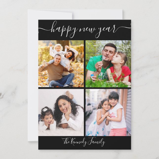 Black And White Happy New Year 4 Photo Collage Holiday Card (Front)