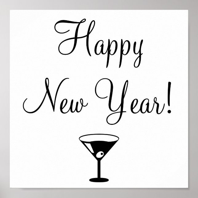 black and white Happy New Year poster with martini (Front)