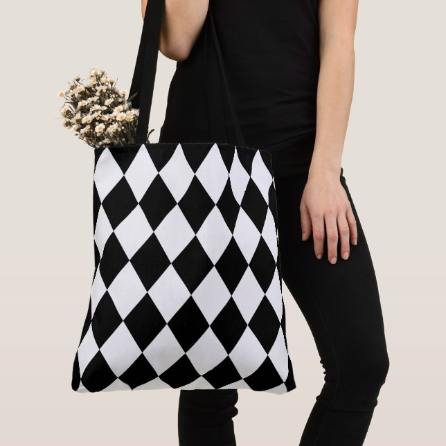 Black and White Harlequin Pattern Tote Bag (Close Up)