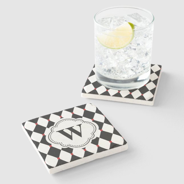 Black and White Harlequin Pattern with Monogram Stone Coaster (Side)