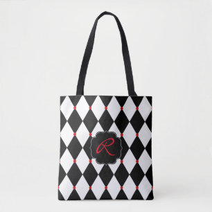 Black and White Harlequin Pattern with Monogram Tote Bag