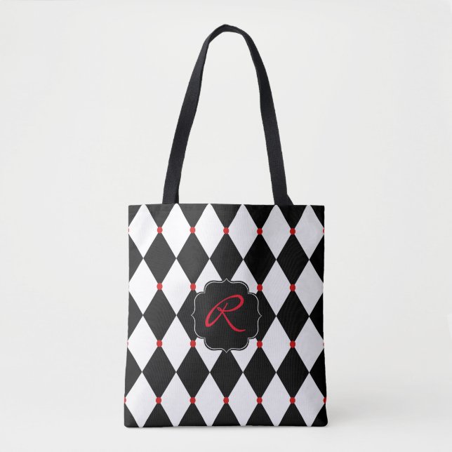 Black and White Harlequin Pattern with Monogram Tote Bag (Front)