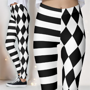 Black and White Harlequin Striped and Jester Leggings