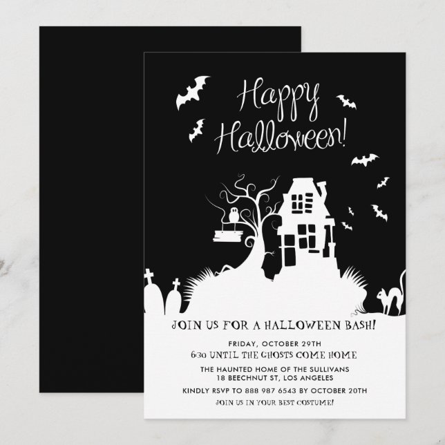 Black and White Haunted House Halloween Party Invitation (Front/Back)