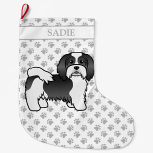 Black And White Havanese Cute Cartoon Dog & Name Large Christmas Stocking