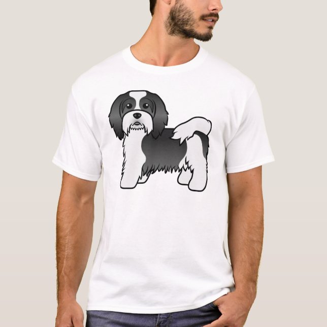 Black And White Havanese Cute Cartoon Dog T-Shirt (Front)