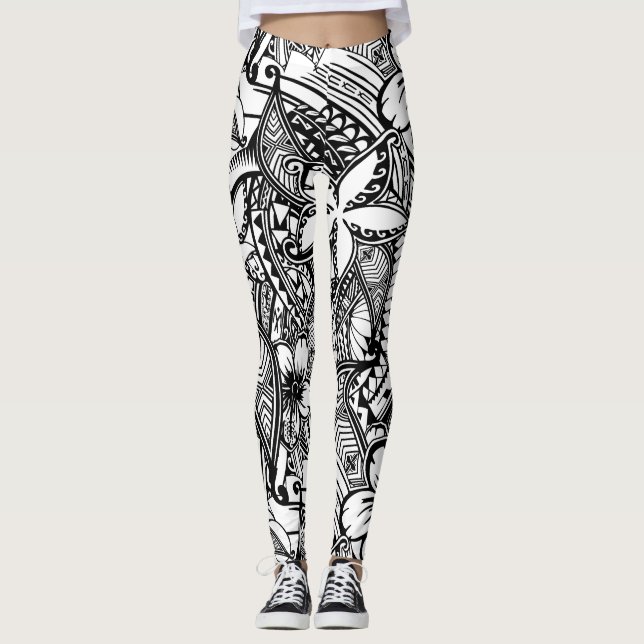 Black And White Hawaiian - Polynesian Tribal Print Leggings (Front)