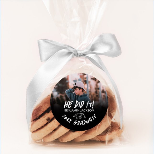 Black and White He Did It Graduation Classic Round Sticker (Creator Uploaded)