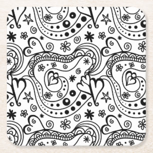 Black and White Heart Abstract Square Paper Coaster