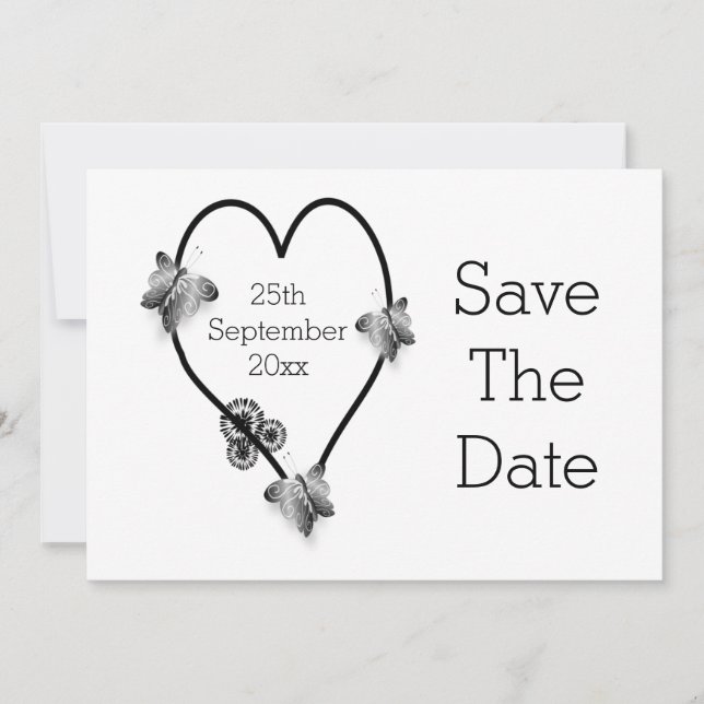 Black And White Heart Butterflies Save The Date (Front)