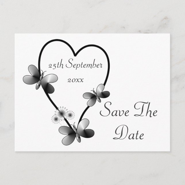 Black And White Heart Butterflies Save The Date Announcement Postcard (Front)