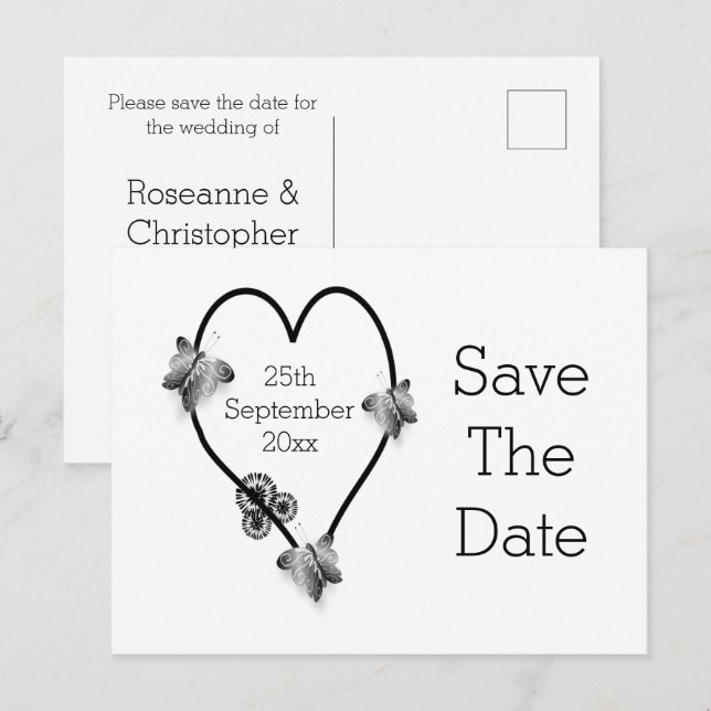 Black And White Heart Butterflies Save The Date Postcard (Front/Back)