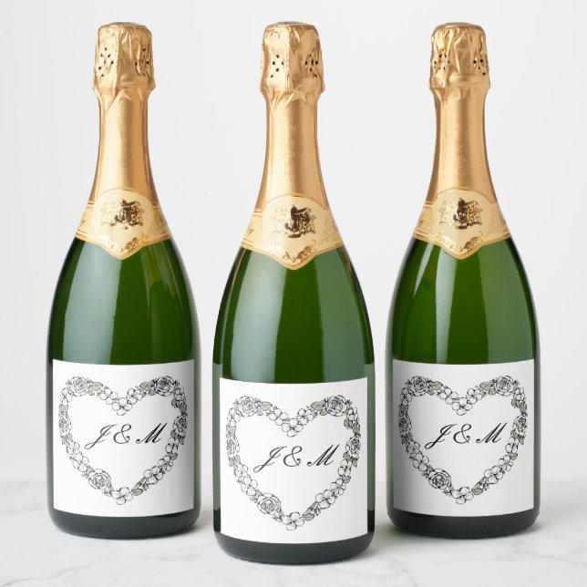Black and White Heart Champagne Wedding Label (Bottles)
