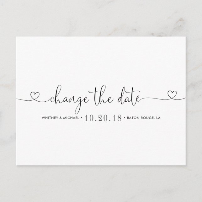 Black and White Heart Change the Date Announcement Postcard (Front)