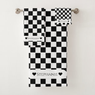 Black and White  Heart Custom Name Bath Towel Set