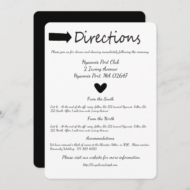 Black And White Heart Directions Details Wedding Invitation (Front/Back)