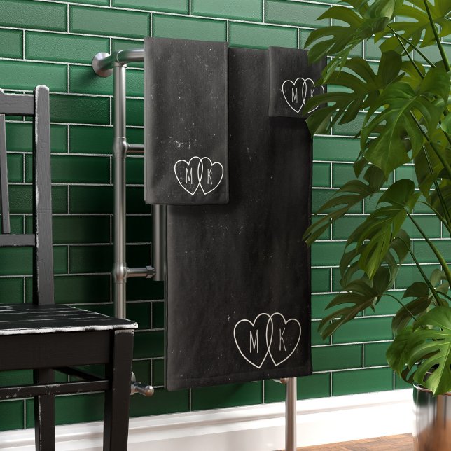 Black and White Heart Monogram Bath Towel Set (A black and white towel set perfect gift for the newlyweds. Just add their initials)