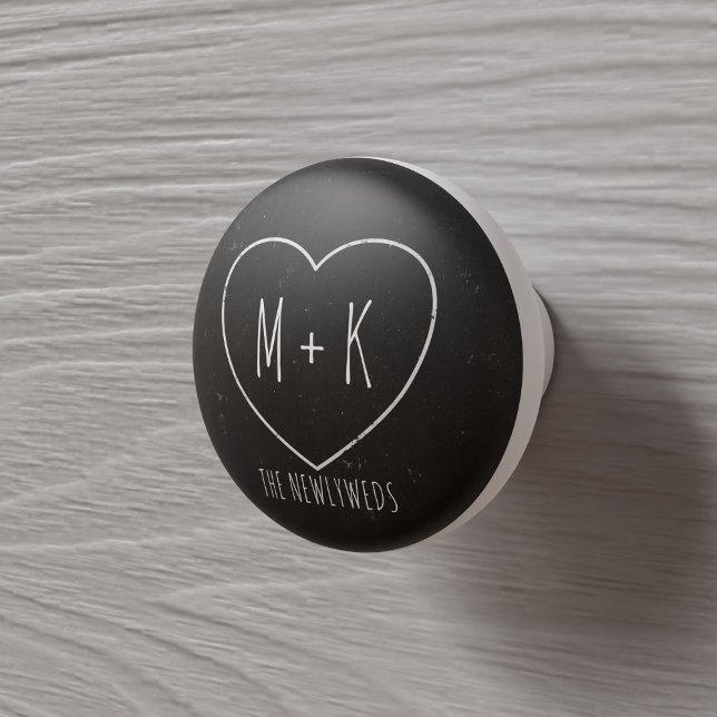 Black and White Heart Monogram Name Ceramic Knob (Add your initials to the chalkboard heart. You can add your name too)