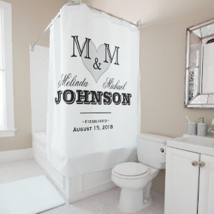 Black and White Heart Monogram Wedding Shower Curtain