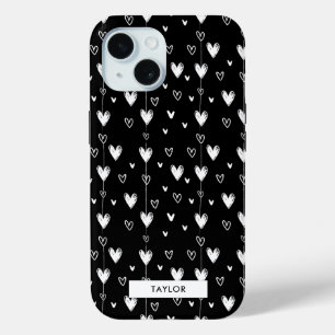 Black and White Heart Pattern Monogram Name iPhone 15 Case