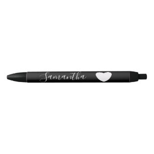 Black and White Heart Personalised Name Ink Pen
