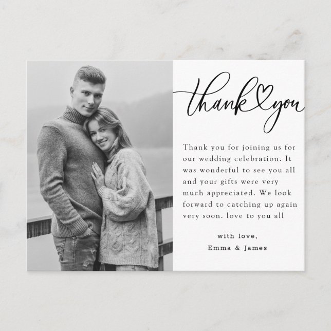 Black And White Heart Photo Wedding Thank You Postcard (Front)