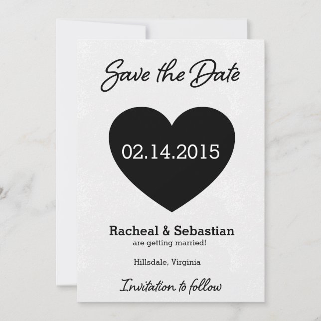 Black and White Heart Save the Date Card (Front)