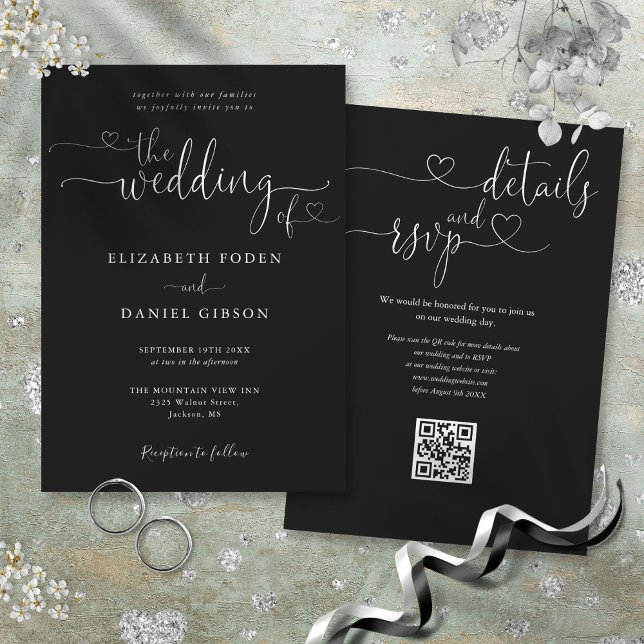 Black And White Heart Script QR Code Wedding Invitation (Black And White Heart Script QR Code Wedding Invitation)