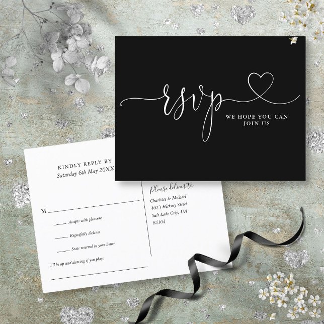 Black And White Heart Script Song Request Invitation Postcard (Black And White Heart Script Song Request Invitation Postcard)