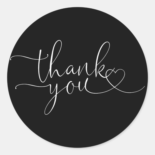 Black And White Heart Script Thank You Classic Round Sticker (Front)