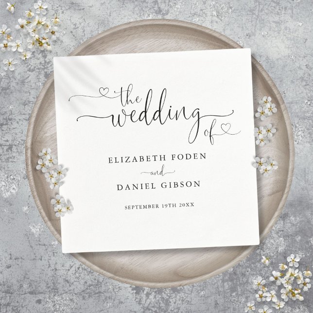 Black And White Heart Script Wedding Napkin (Black And White Heart Script Wedding Napkins)