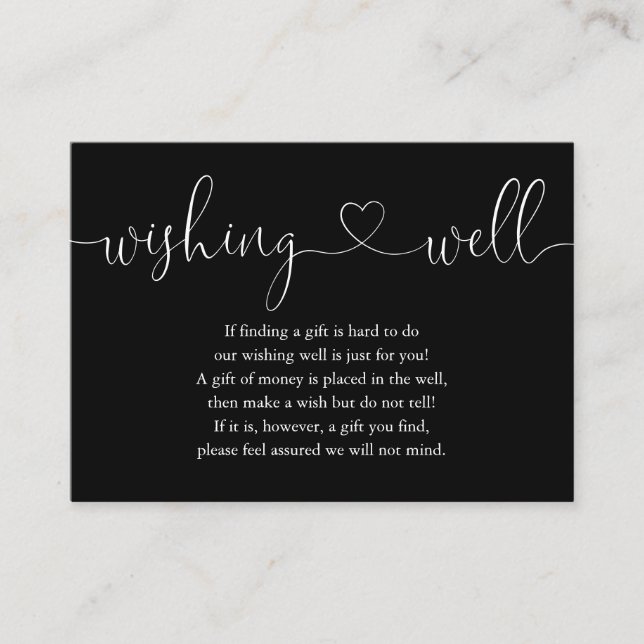 Black And White Heart Script Wishing Well Wedding Enclosure Card (Front)