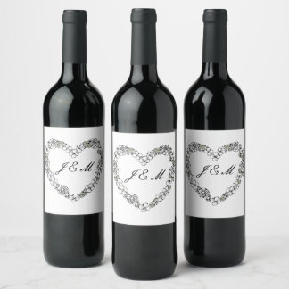 Black and White Heart Wedding Wine Label