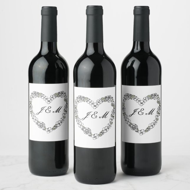 Black and White Heart Wedding Wine Label (Bottles)