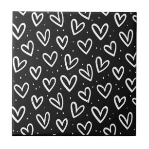 Black and White Hearts Ceramic Tile
