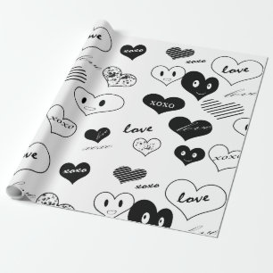 Black and White Hearts faces Love Xoxo  Wrapping Paper
