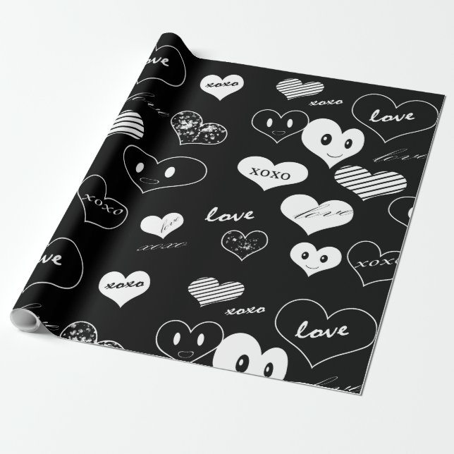 Black and White Hearts Love Xoxo Wrapping Paper (Unrolled)
