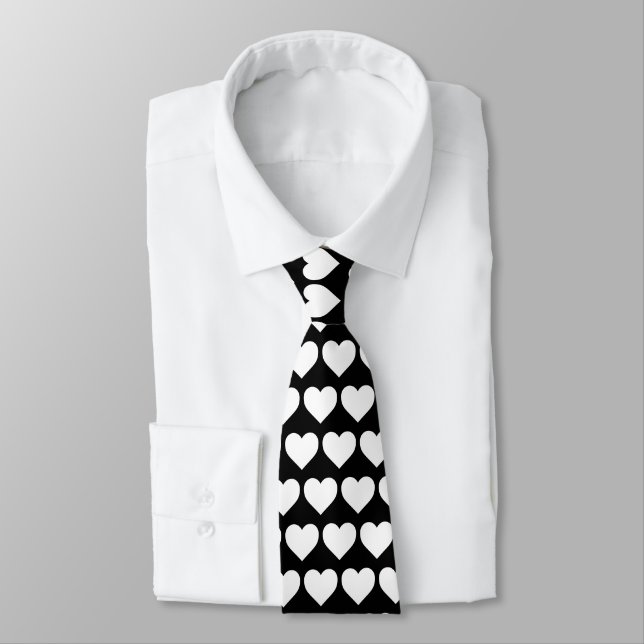 Black and White Hearts Pattern Tie (Tied)
