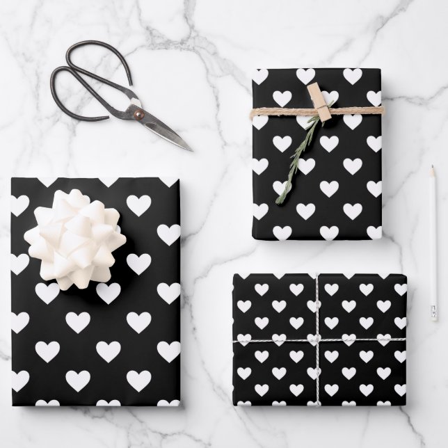 Black and White Hearts Pattern Wrapping Paper Sheet (Front)