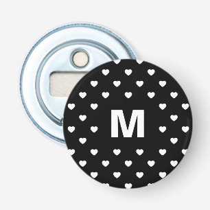 Black and White Hearts Polka Dot Pattern Monogram Bottle Opener