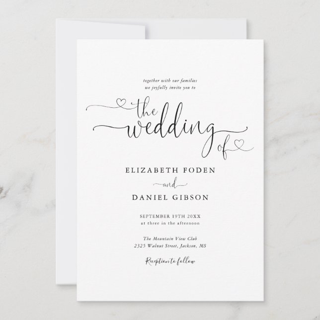 Black And White Hearts Script Calligraphy Wedding Invitation (Front)