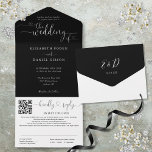 Black And White Hearts Script QR Code Wedding All In One Invitation<br><div class="desc">All in one black and white wedding invitation featuring elegant hearts script typography and monogram initials. The invitation includes a perforated RSVP card with your wedding website QR code and details. Designed by Thisisnotme©</div>