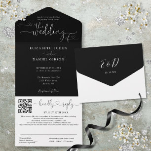 Black And White Hearts Script QR Code Wedding All In One Invitation