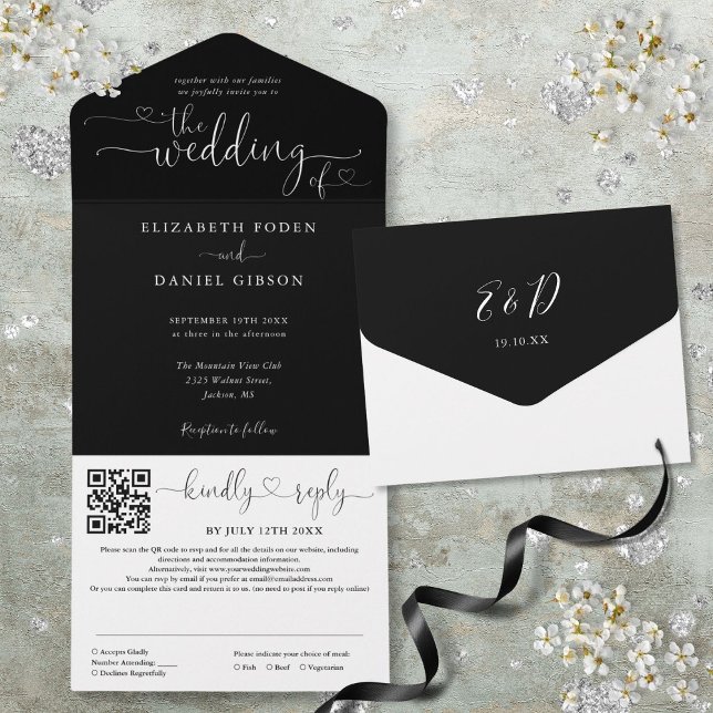 Black And White Hearts Script QR Code Wedding All In One Invitation (Black And White Hearts Script QR Code Wedding All In One Invitation)